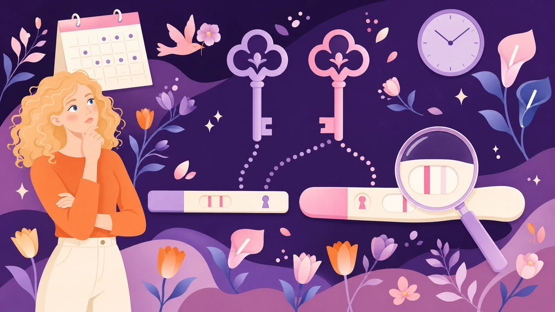 Flat illustration of two similar but different keys above two flat test strips with keyholes, one an ovulation test and one a pregnancy test, a magnifier over the second, with a woman looking on doubtfully against deep purple.