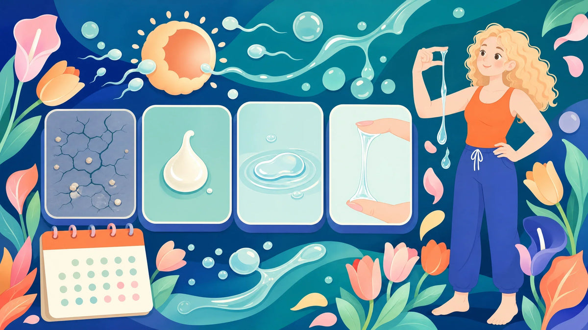 Flat illustration of four panels showing cervical fluid change through dry, creamy, watery and clear stretchy stages, beside a woman stretching a clear thread of fluid between her fingers, on a deep teal background.