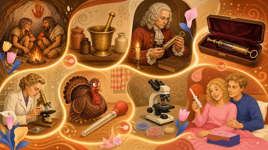 Illustrated journey through the history of artificial insemination, from a cave couple and John Hunter to a turkey baster, a 1990s lab and a modern couple at home