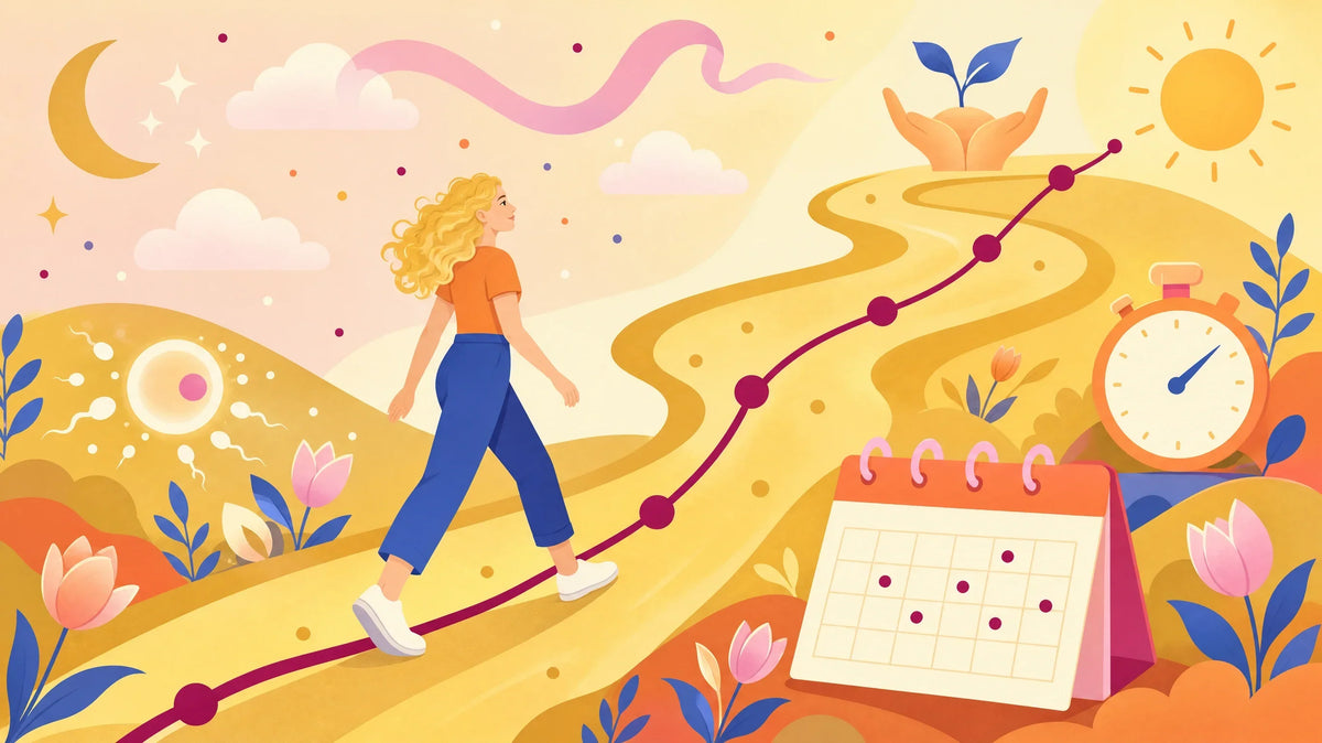 Flat illustration of a woman walking up a winding golden path with a deep red cumulative curve rising alongside her toward a seedling held in cupped hands, past a crescent moon, a calendar of marked days and a stopwatch.