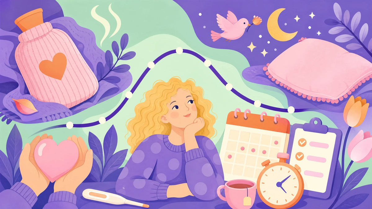 Luteal phase symptoms: a progesterone curve rising and falling across the two weeks after ovulation, with a woman waiting beneath it, a thermometer, a symptom checklist and a calendar of marked days.