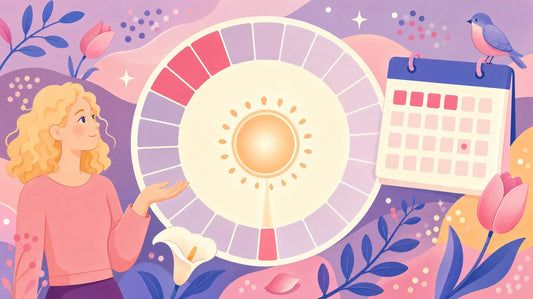 Flat illustration of a cycle ring with a band of deep red period segments at its start and one small red mark at its midpoint, a glowing sun at its centre, watched by a woman beside a calendar with a single day dotted.
