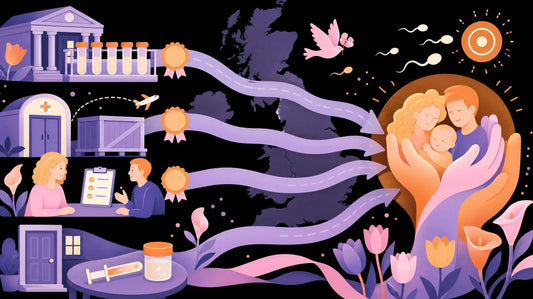 Flat illustration of four routes to donor sperm in the UK, a licensed sperm bank, an imported shipment, a known donor meeting over a checklist and a private arrangement at home, arrows crossing a UK map toward a family in cupped hands.