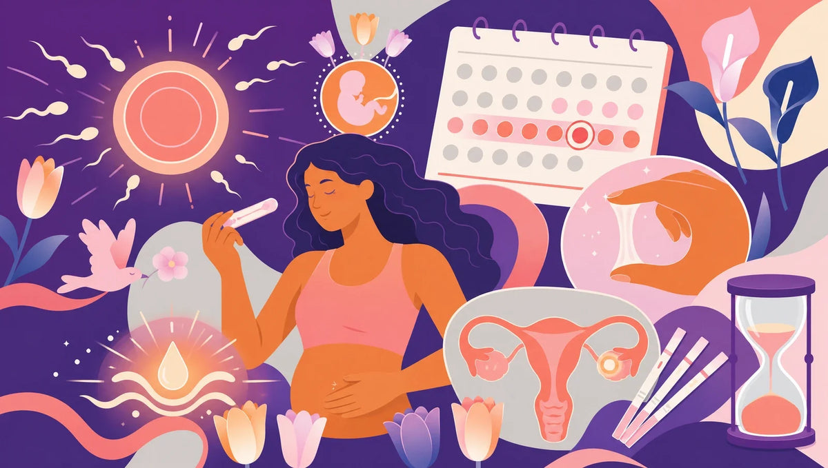 Illustrated woman surrounded by real ovulation and fertile-window symbols: cervical mucus droplet, calendar tracking, uterus diagram, test strips and an hourglass